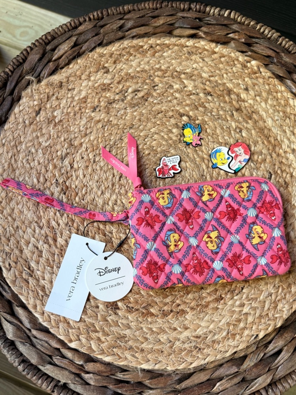 Vera Bradley Disney Ariel’s Pink Lagoon Wristlet & Pin Set Sebastian & Flounder
